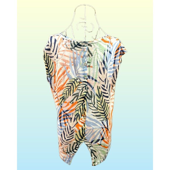 TAHARI 100% Linen Slub Knit Button Back Women’s T-Shirt Top Size M in Leaf Print - Picture 3 of 5